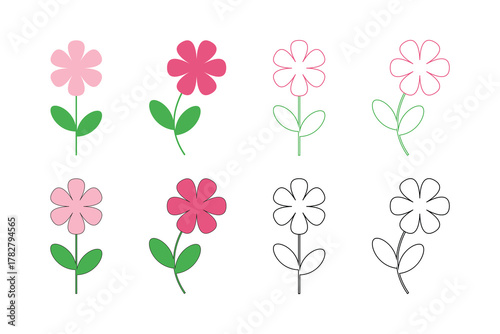 Simple flower icon set in flat, outline, and color styles. Minimal floral vector design for spring, nature, and decoration use.