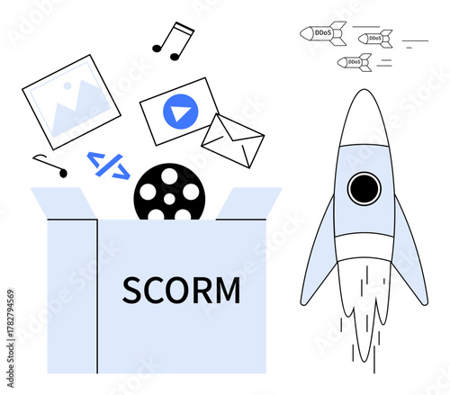 Open box labeled SCORM featuring media files, code, rockets, and cloud uploads. Ideal for eLearning, digital learning, multimedia, content management, coding online training simple flat metaphor