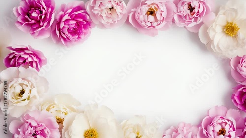 Floral Frame of Pink and White Peonies on White Background, Elegant Spring Flower Arrangement, Copy Space for Text, Wedding Invitation Template