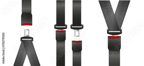 Safety seat belt, open and closed seatbelt. Art design road strap. Abstract concept car, airplane driver protection graphic element. Vector