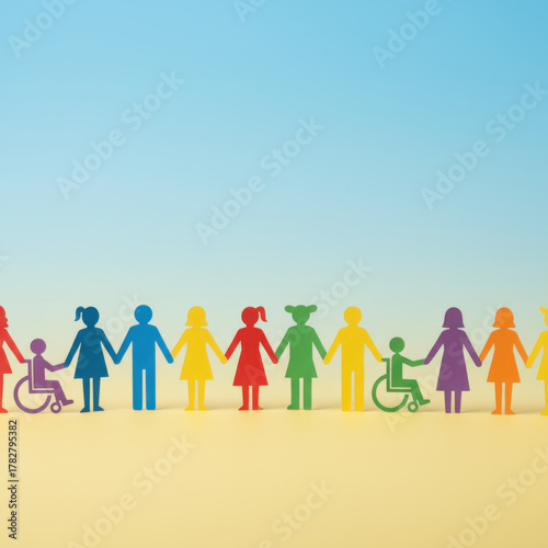 Colorful Paper Cutout People Chain Holding Hands Representing Global Unity, Symbolic Illustration of Community, Diversity, and Inclusion with Wheelchair Users, Concept of Equal Rights and Acceptance 