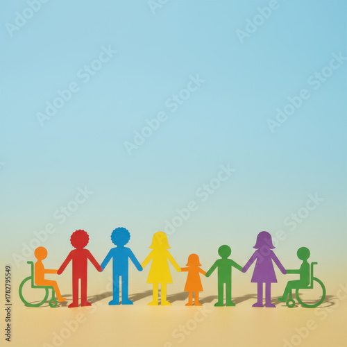 Inclusion and Equality Concept with Paper Cutout Figures Including Wheelchairs, Paper Chain of People Representing Diversity, Human Rights, and Acceptance