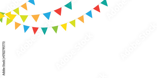 Bright colorful bunting flags garland in rainbow colors. Festive vector decoration perfect for parties, birthdays, celebrations, and carnival designs.