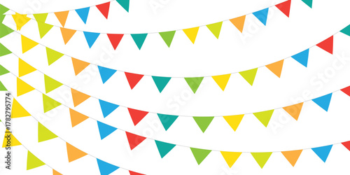 Bright colorful bunting flags garland in rainbow colors. Festive vector decoration perfect for parties, birthdays, celebrations, and carnival designs.