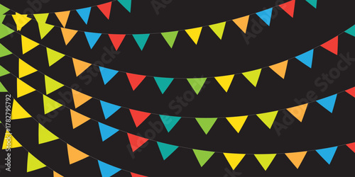 
Festive Carnival garlands and bunting. Colorful triangle flags on rope for decoration of party, holiday, event, festive, celebration. Colorful pennants for banner, flyer template PNG design element 
