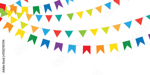 
Festive Carnival garlands and bunting. Colorful triangle flags on rope for decoration of party, holiday, event, festive, celebration. Colorful pennants for banner, flyer template PNG design element 