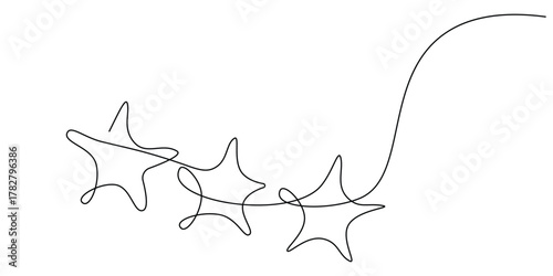 One line drawing of three stars illustration, minimalist continuous single line art style for decoration, celebration or festive vector design