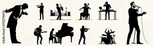 Collection of black vector silhouettes of musicians and singers on light background — showing people playing various instruments such as piano, guitar, violin, saxophone, drums, and DJ setup. Includes