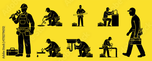 Collection of black vector silhouettes of plumbers and construction workers on a yellow background — showing men fixing pipes, using tools, drilling, and carrying equipment. Perfect for repair service