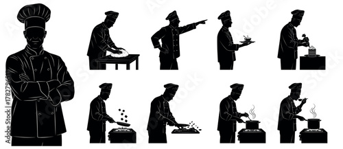 Vector silhouette icons of chefs and cooks preparing food — shown in black on white background, featuring professional kitchen scenes such as cooking, seasoning, serving, and tasting. Perfect for rest