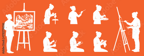 White vector silhouettes of painters and sculptors on orange background — showing people painting on canvas, sculpting, or creating art. Great for creative professions, workshops, or fine art projects