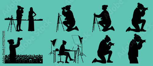 Vector silhouettes of photographers working with cameras and studio equipment — people taking photos, using tripods, shooting portraits, working with lighting, photographing models, and taking picture