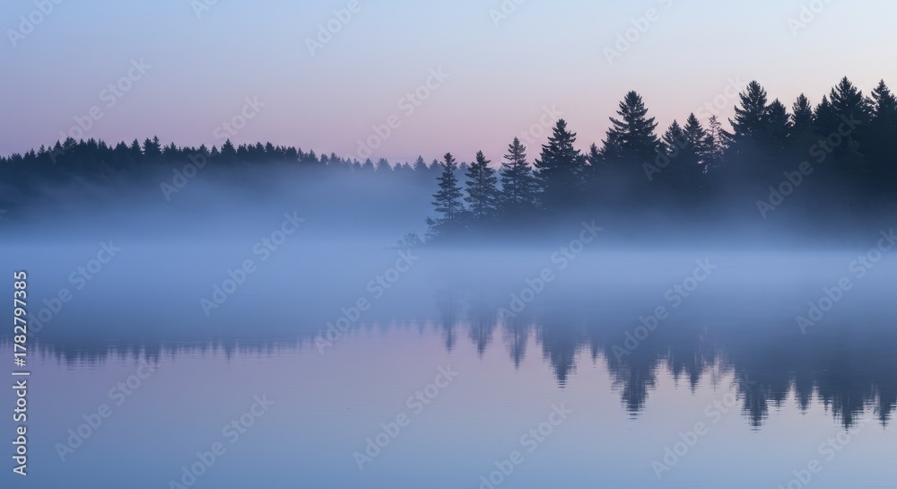 Fototapeta premium A serene, misty lake at dawn or dusk reflects the dark silhouette of a dense pine forest under a soft, twilight sky.