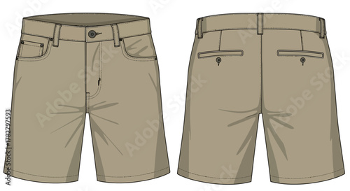 Technical Fashion Flat Sketch Vector of Men's Khaki Chino Shorts, Casual Summer Apparel Mock-up Template (Front and Back View)