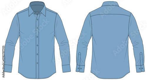 Technical Flat Sketch of Men's Long Sleeve Dress Shirt Mockup in Light Blue with Button-Down Placket and Collar for Corporate and Formal Apparel Template