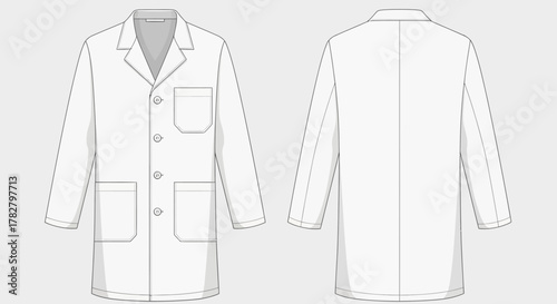 Technical Flat Sketch of White Lab Coat Mockup with Notch Collar and Button Closure for Medical, Science, and Professional Uniform Template