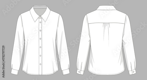 Technical Flat Sketch of Women's Long Sleeve Button-Up Blouse Mockup with Yoke and Back Pleats for Business and Formal Apparel Template