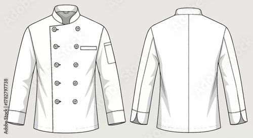 Technical Flat Sketch of Classic Long Sleeve Chef Coat Mockup in White with Double-Breasted Buttons and Mandarin Collar for Culinary Uniform Template