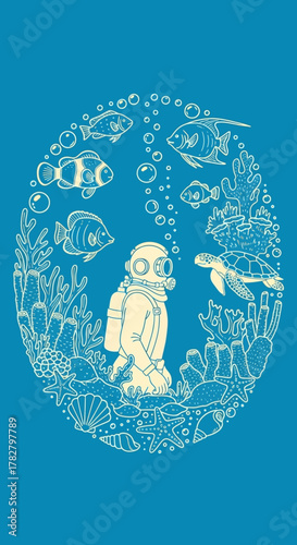 Vintage deep-sea diver surrounded by fish, a turtle, and coral in a circular line art illustration.