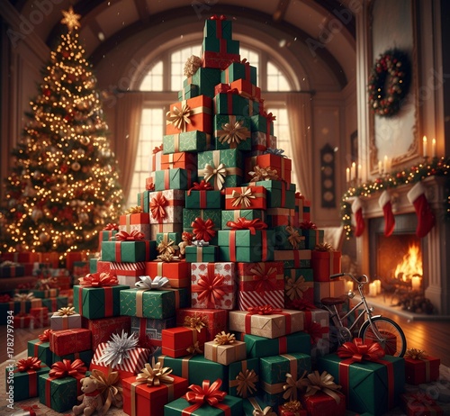 Montagne de cadeaux à l'intérieur d'une maison décorée pour Noël