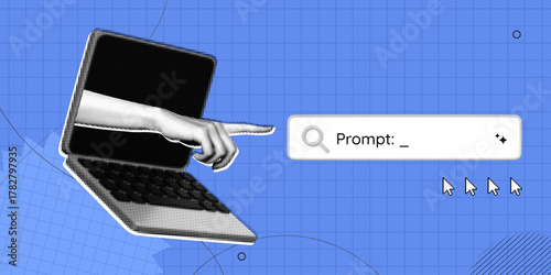 Trendy Halftone Collage Artificial intelligence and digital technology. Hand types in search bar using AI ​​Prompt. AI powered search engine. Generate content. Contemporary vector illustration art