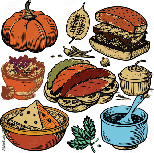 Festive thanksgiving dinner celebration with autumn harvest elements and decorative accents