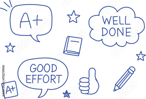Hand drawn doodle style illustration of educational achievement symbols and positive feedback messages