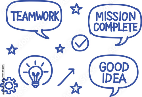 Hand drawn doodle icons representing teamwork mission accomplished good idea and innovation with stars and a checkmark
