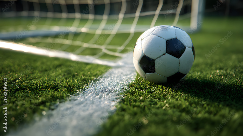 Fototapeta premium Soccer Ball on the Green: A classic soccer ball rests serenely on the vibrant green grass, poised near the goal post. Capture the essence of soccer