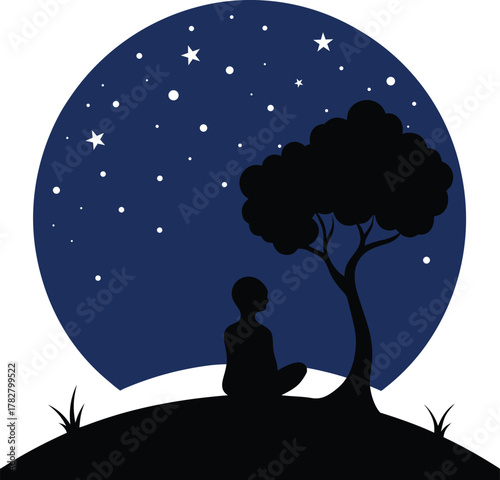 Silhouette of a person sitting under a tree looking at the starry night sky isolated on white background isolated on transparent background