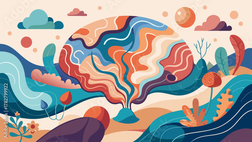 Fluid mindscape: organic shapes form a calming neural landscape in soft vector style