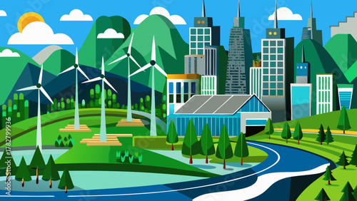 Eco city in vector with green energy and nature integration. Clean calm environmental design.