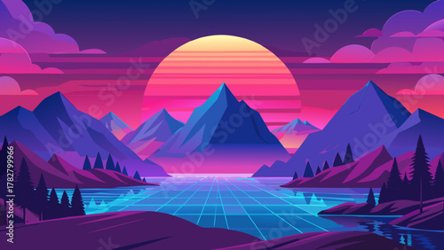 Gradient-sky landscape with vibrant multi-tone gradients and bold geometric forms in a serene valley