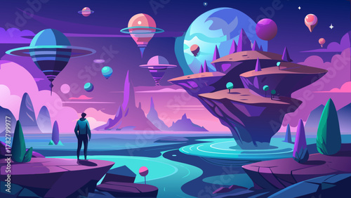 Fantastical Frontiers: a lone explorer in a dreamlike floating landscape