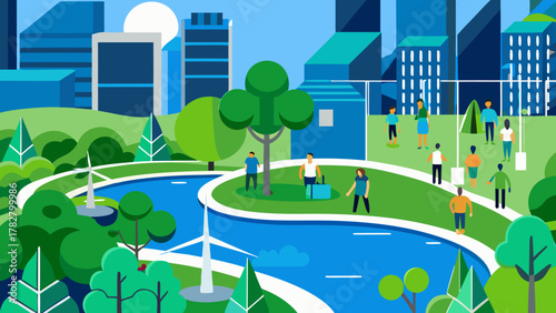 Eco-conscious urban nature scene with sustainable living visuals in flat vector style