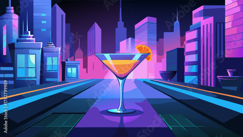 Neon noir cocktail in a bold, geometric bar scene with high-contrast lighting
