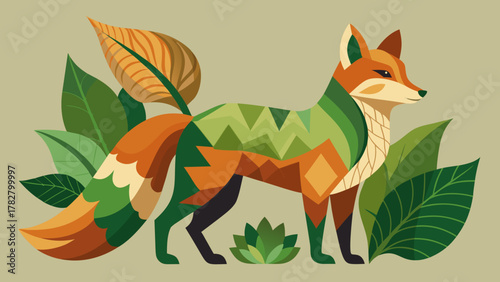 Nature-inspired organic-curve fox among leaves in flat-vector style