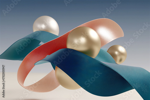 Abstract 3D composition with metallic spheres and colorful ribbons intertwined on pastel background, concept of modern design and motion.