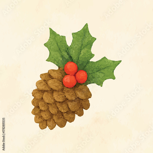 Pine cone with holly berries watercolor