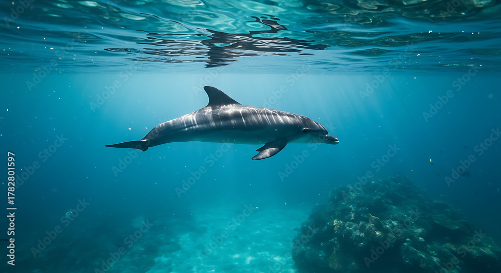 Fototapeta premium Experience the magic of the ocean with a playful dolphin gliding through crystal clear turquoise waters, sunbeams dancing creating a serene, underwater paradise, a symbol of freedom and adventure