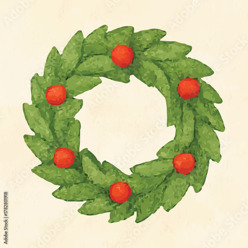 Christmas wreath watercolor with red berries