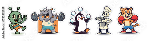 Retro Cartoon Characters Set - Alien, Weightlifter, Juggler, Che