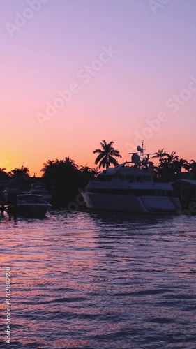 Yachts and sailboats in Fort Lauderdale canals in Florida at sunset