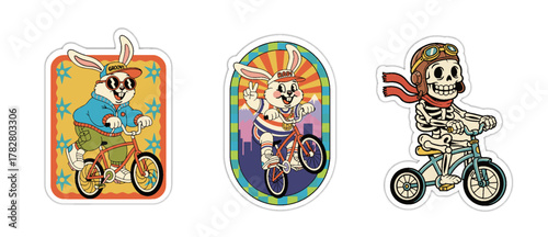 Three unique cartoon characters riding bicycles, including a rab