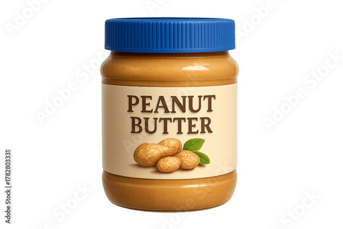Peanut butter jar with blue lid on transparent background
