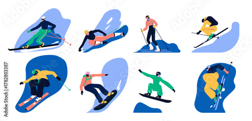 Skiers at ski resort set. People sliding downhill, down slope. Extreme sport, freeride, jumping on snowy winter holiday outside, outdoors. Flat graphic vector illustration isolated on white background