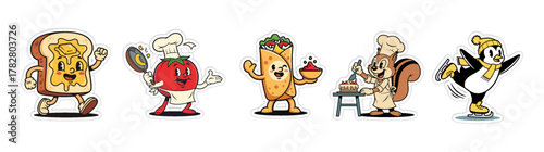 Cartoon characters of food items and animals in various poses.