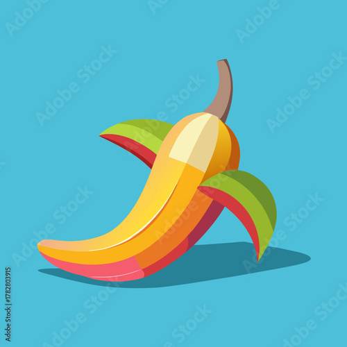 A modern, flat illustration of a partially peeled banana with bold, segmented colors and a distinct shadow against a solid blue backdrop.