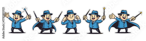 Cartoon Magician Character Posing with Magic Wand in Various Act