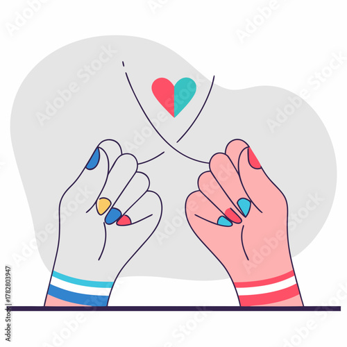 Two hands with colorful nail polish and bracelets are connected by a thread, with a split heart above them.